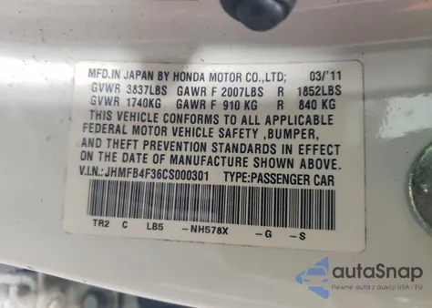 2012 Honda Civic Hybrid L из США, поврежденный, VIN JHMFB4F36CS000301